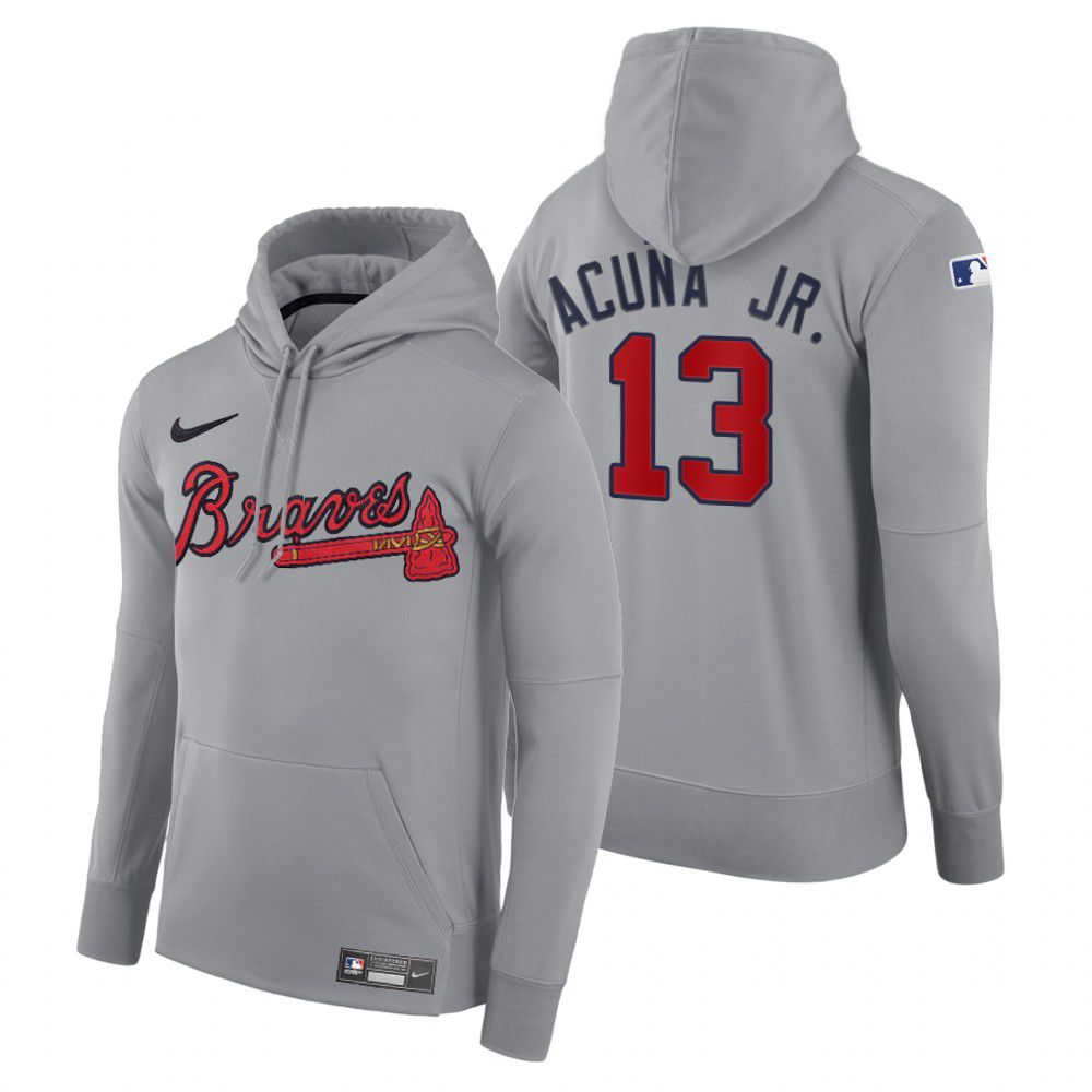 Men Atlanta Braves #13 Acuna jr gray road hoodie 2021 MLB Nike Jerseys